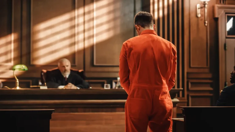 Prisoner in orange jumpsuit standing before a judge in a courtroom.