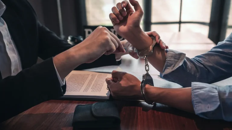 Person in handcuffs with lawyer reviewing documents.
