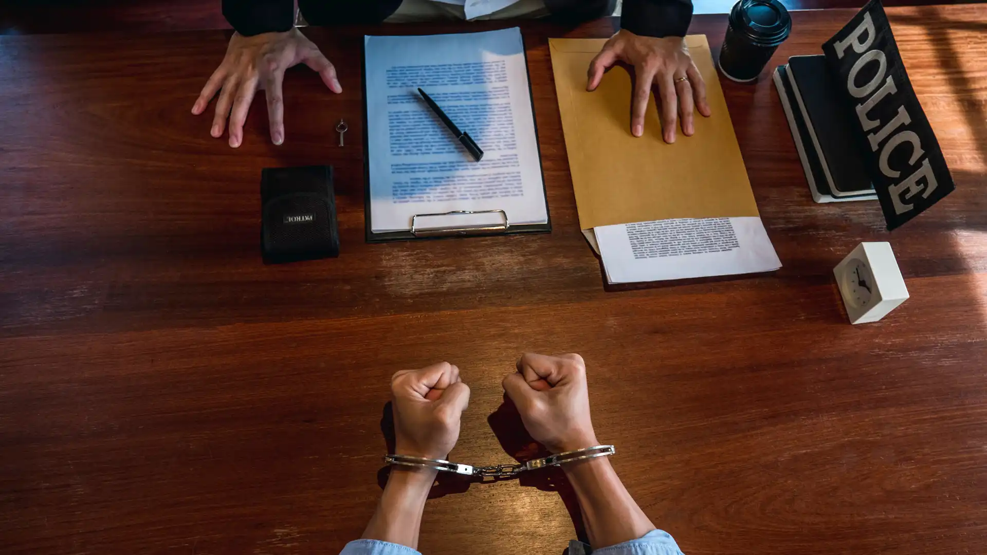 Handcuffed person sitting at table with legal documents
