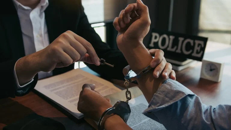 Person in handcuffs with police paperwork during arrest